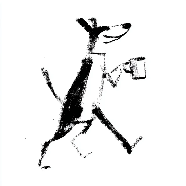 Cartoon Dog Walking Smiling with Coffee Mug