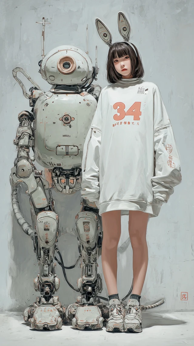 Cyberpunk Girl and Robot Companion Illustration