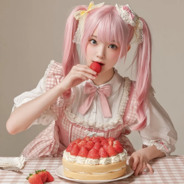 Anime Girl with Pink Hair and Strawberry Cake