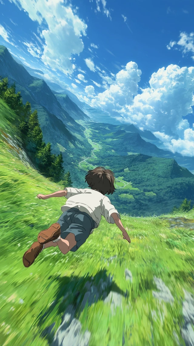 Anime Boy Gliding Over Valley - Adventure Scene