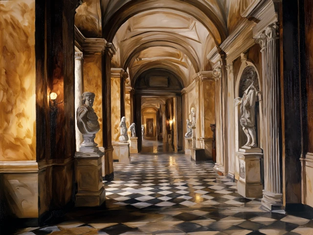 Neoclassical Hallway Marble Statues Golden Light