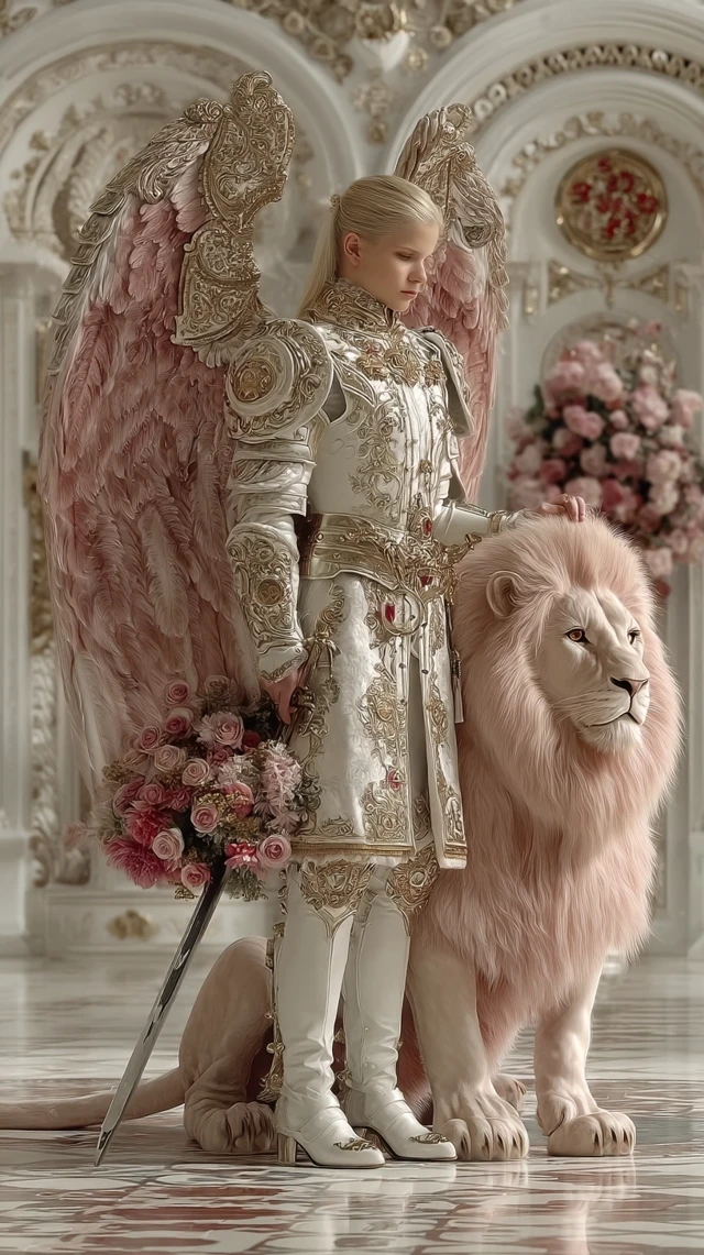 Angel Knight with Pink Wings and Lion