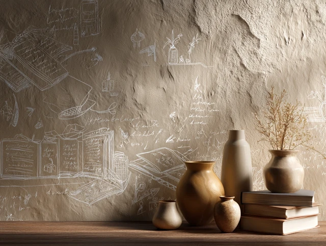 Chalk Doodles Wall with Books and Vases 3D Illustration
