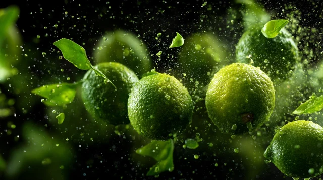 Green Lemons Falling Artistic Food Photography