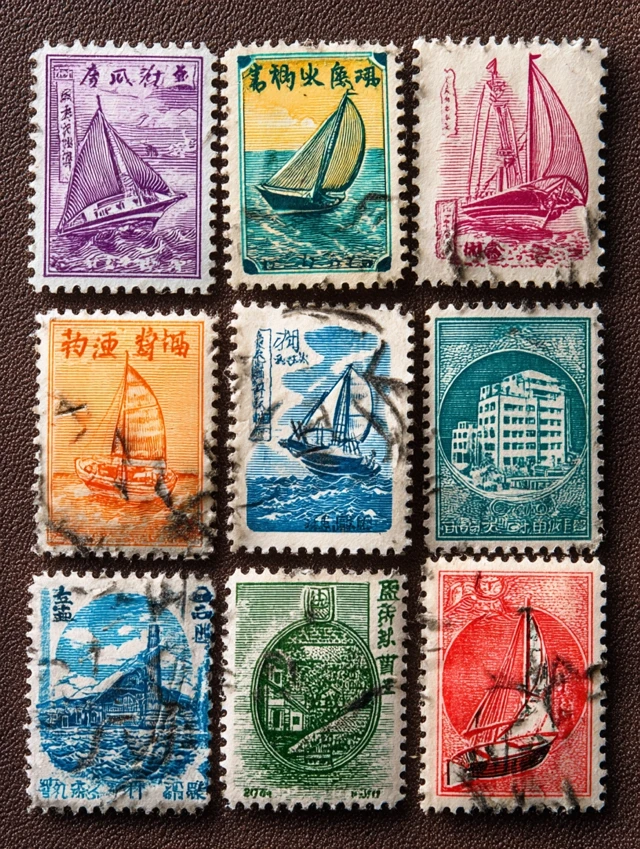 Retro Stamps Collection Sailing Buildings Earth and Books