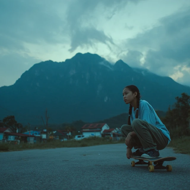 Teenage Girl with Skateboard in the Mountains