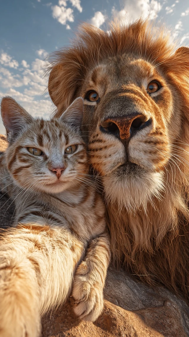 Cat and Lion Selfie in Africa Smiling Friends