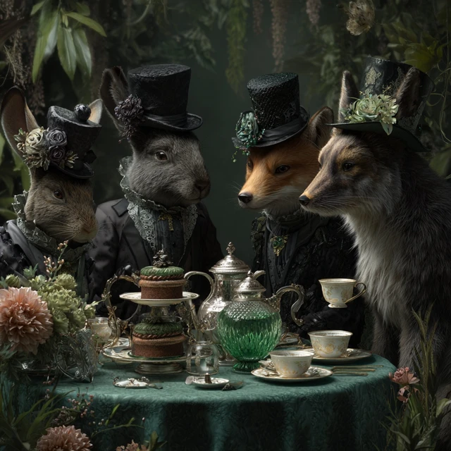 Victorian Animal Tea Party in a Forest Core Setting