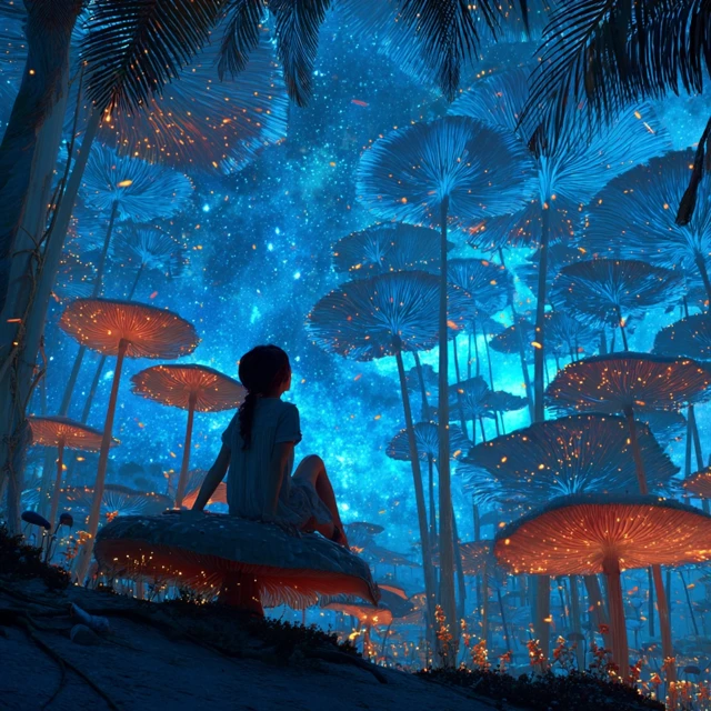 Woman on Mushroom Fantasy Night Sky Photo