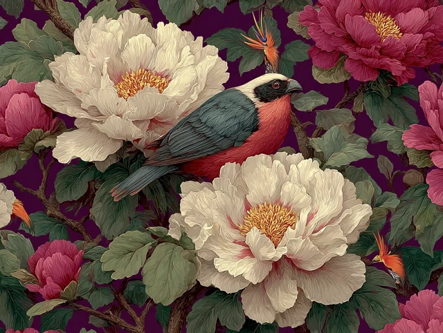 Peony Floral Pattern with Birds Hand Painted Design