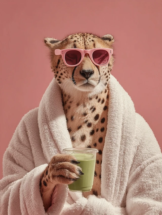 Cheetah in Sunglasses and Robe Relaxing with Matcha