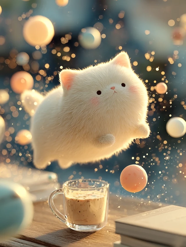 Dreamy Cat in Space with Planets and Tea