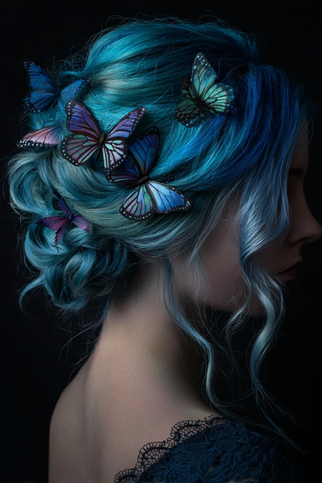 Girl with Blue Hair and Butterflys