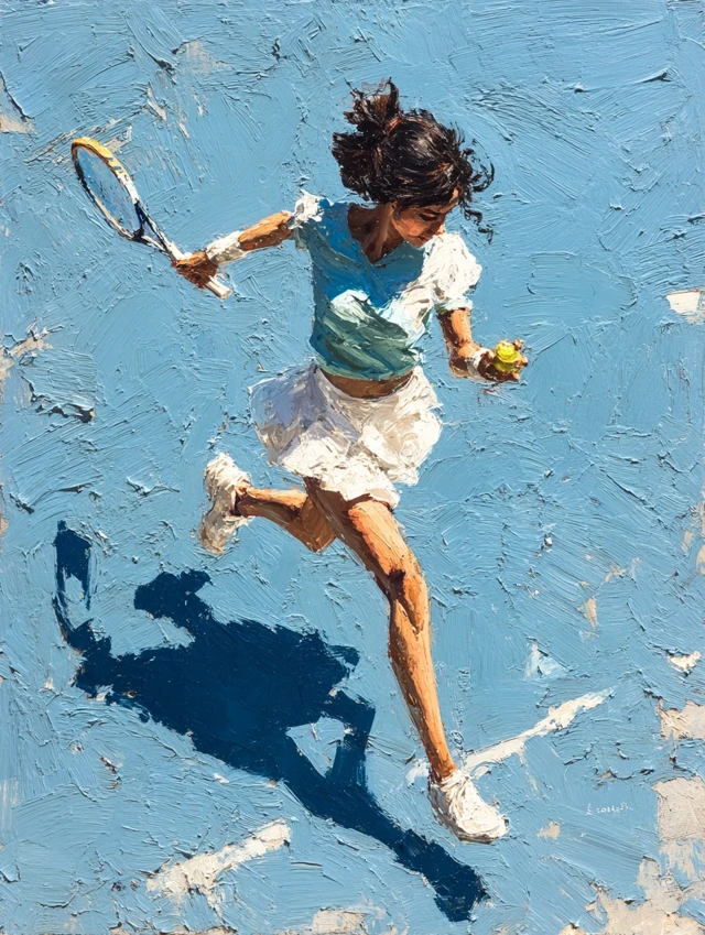 Tennis Painting Abstract Oil of Woman on Court