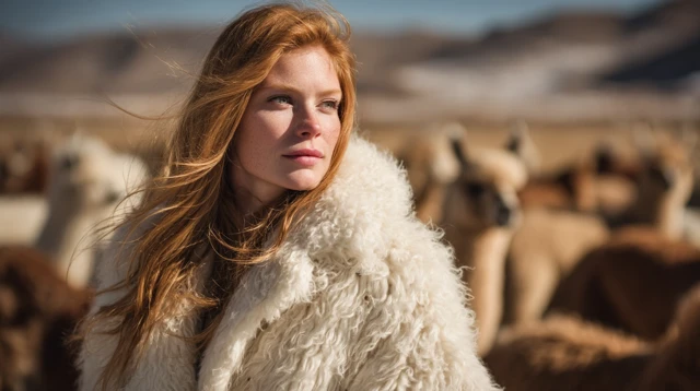 Woman in Llama Fur Coat in Andes Mountains