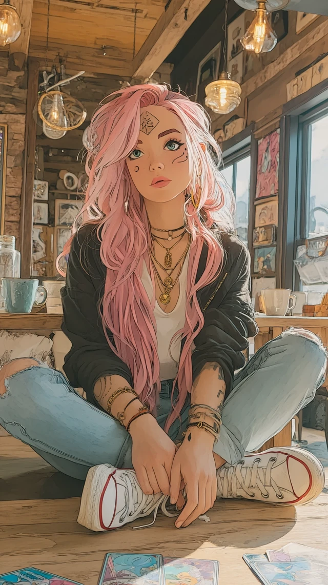 Young Witch in Coffee Shop Pink Hair Disney Cartoon
