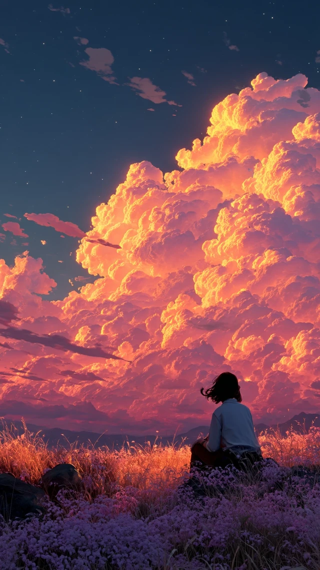 Dreamy Twilight Scene: Girl Under Glowing Sky
