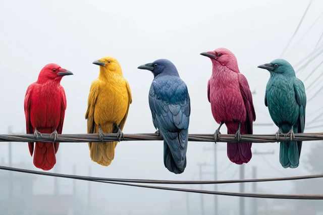 Colorful Crows Perched on Power Line