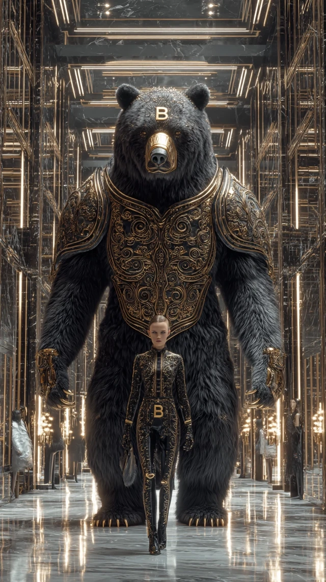 Balmain Guardian Bear: Couture Fashion in Opulent Hall