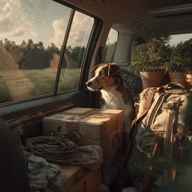 Dog in Car Moving Day Journey