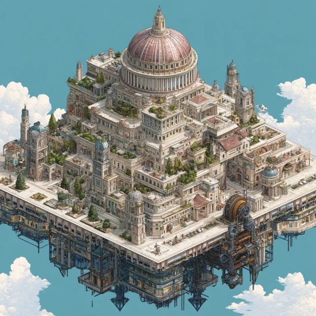 Floating City in Ancient Greek and Steampunk Style