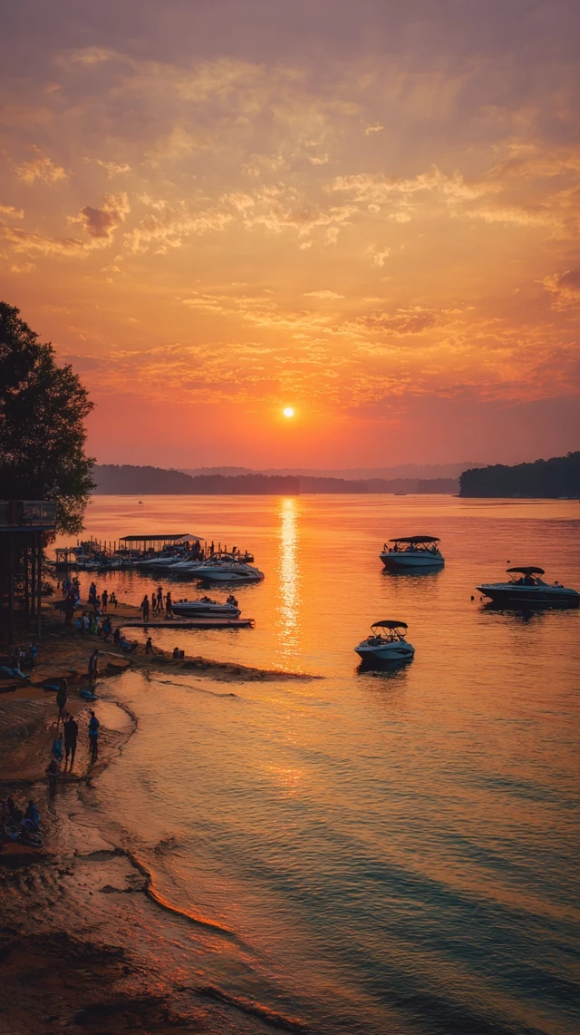Lake Lanier Sunset Boats Glowing Water Scenic