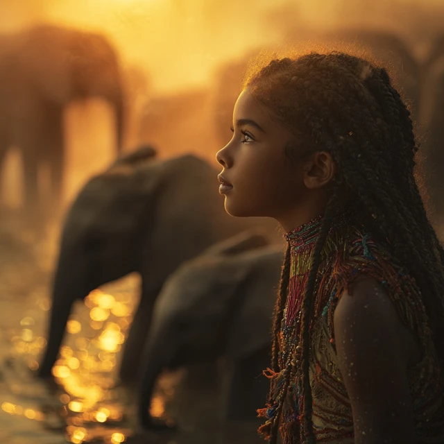 Sunrise with Elephants and Girl National Geographic Style