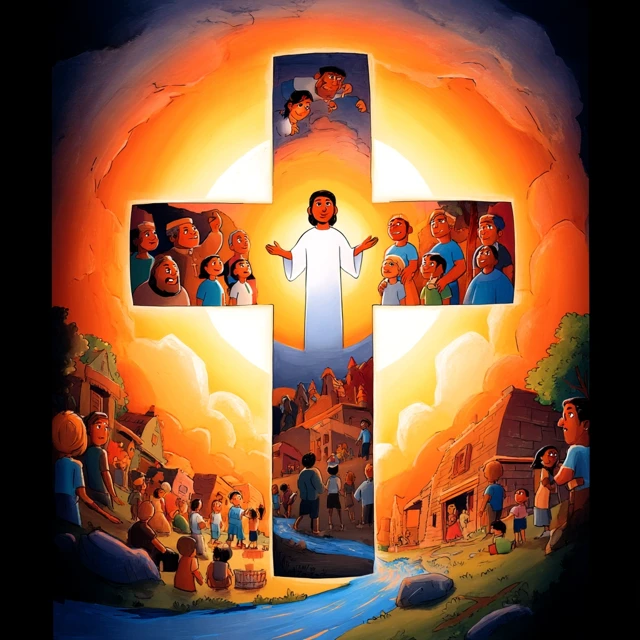 Cartoon Cross Illustration of Community and Hope
