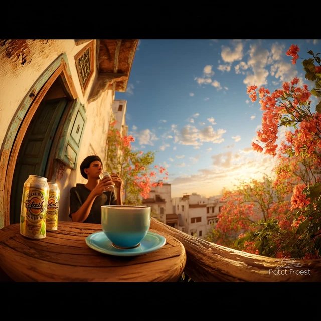 Sunset Balcony Scene: Young Men Relaxing with Drinks