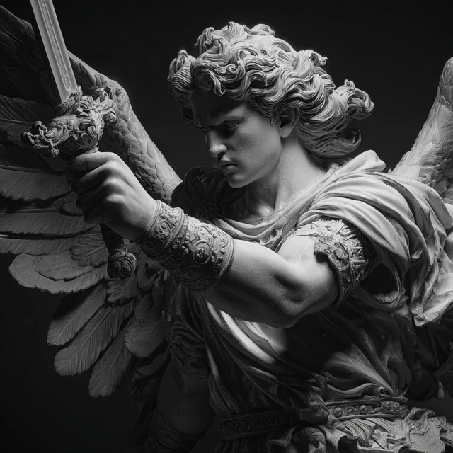 Archangel Michael Marble Sculpture Dramatic Lighting