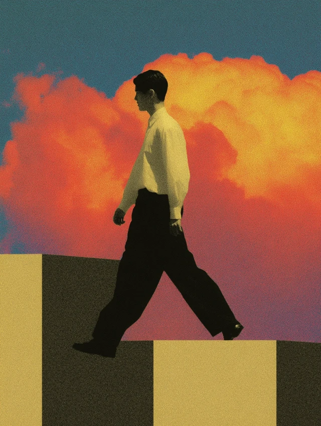 Man Walking Between Cubes Surreal 90s Aesthetic