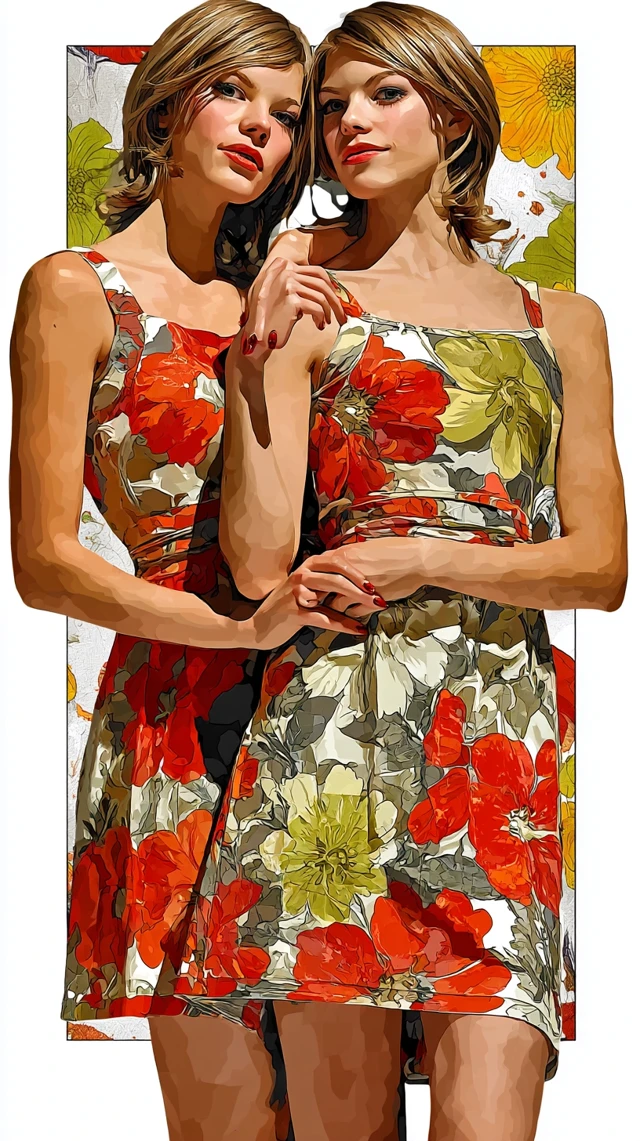 Twin Brothers in Floral Sundresses Digital Illustration