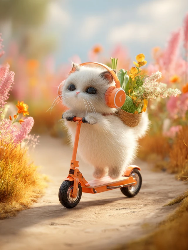Cute Cat on Scooter With Veggies in a Blooming Garden