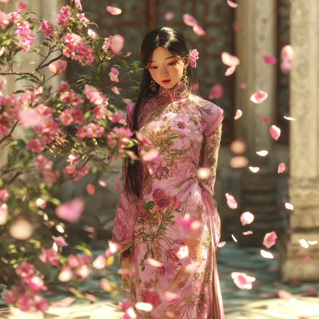 Eastern Beauty in Qipao Blossoms and Sunlight