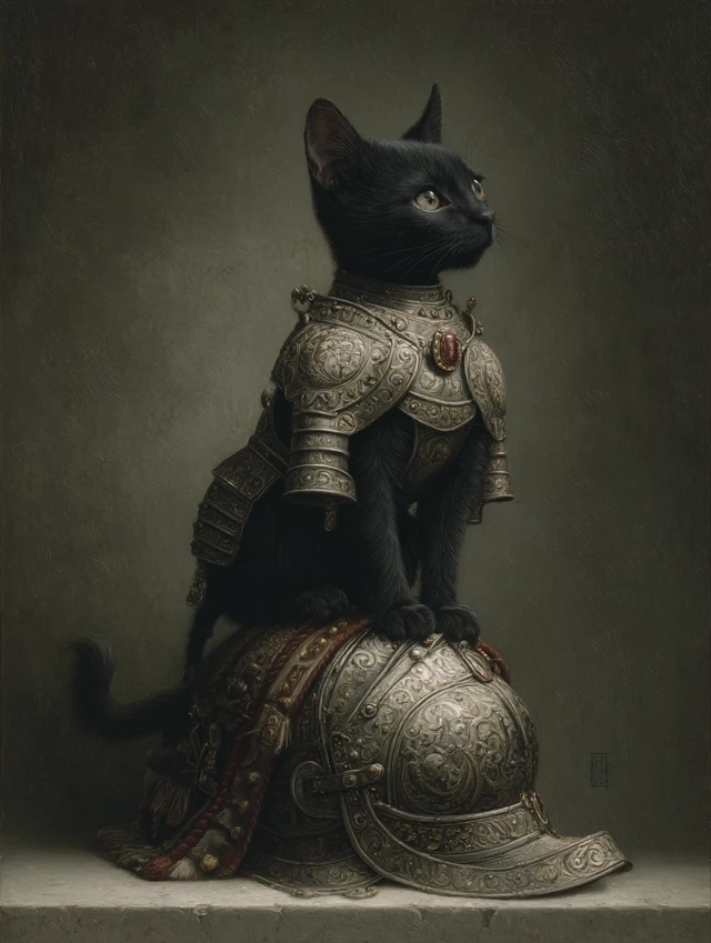 Black Cat Knight in Armor Gothic Painting