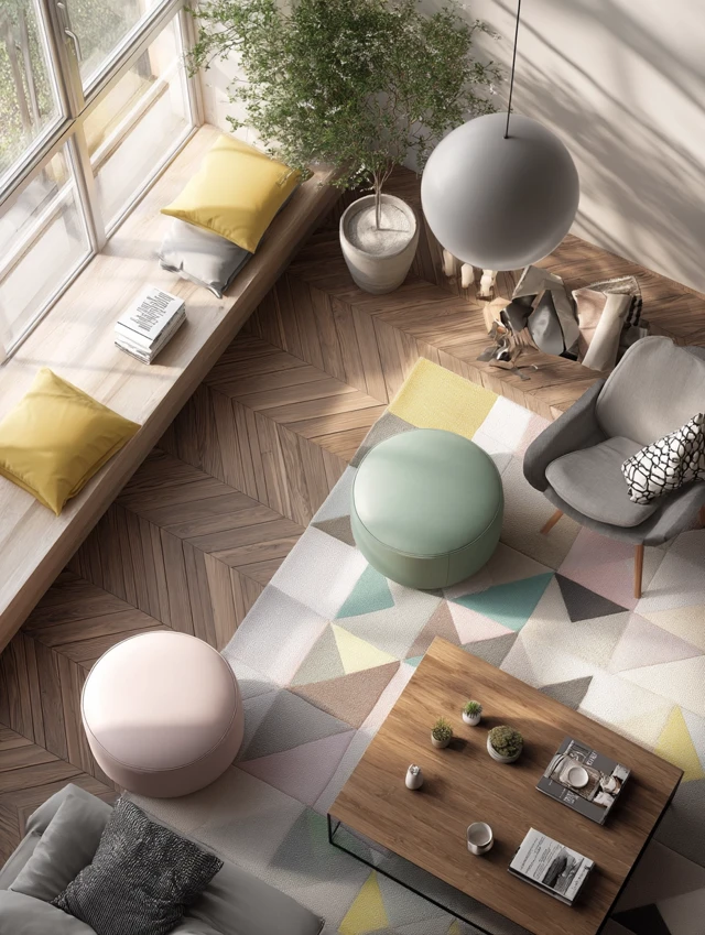 Scandinavian Living Room Design Colorful Rug High Angle