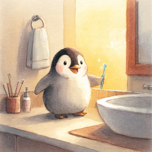 Cute Baby Penguin Brushing Teeth Illustration