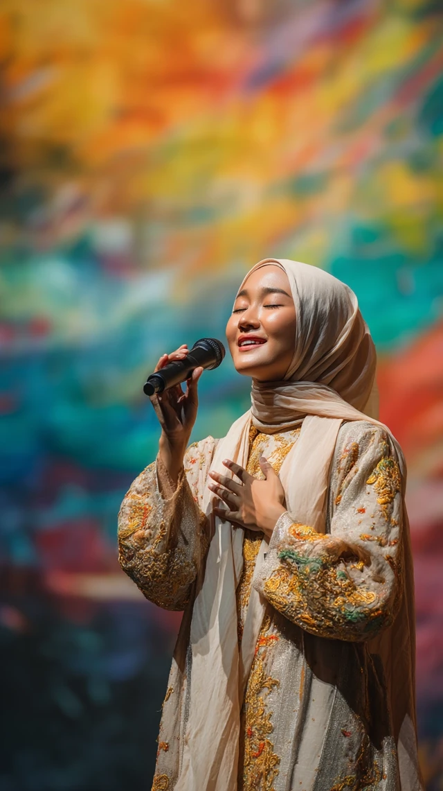 Indonesian Singer on Stage in Traditional Dress