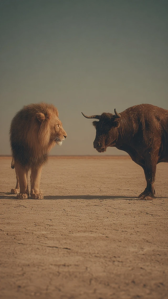 Lion and Bull Face Off in Desert Landscape