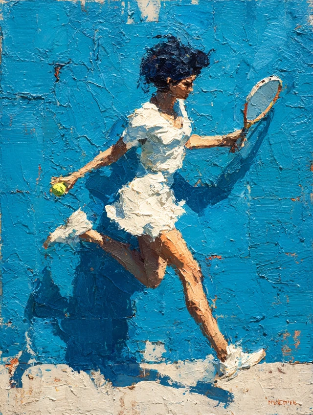 Tennis Painting Abstract Oil of Woman on Court
