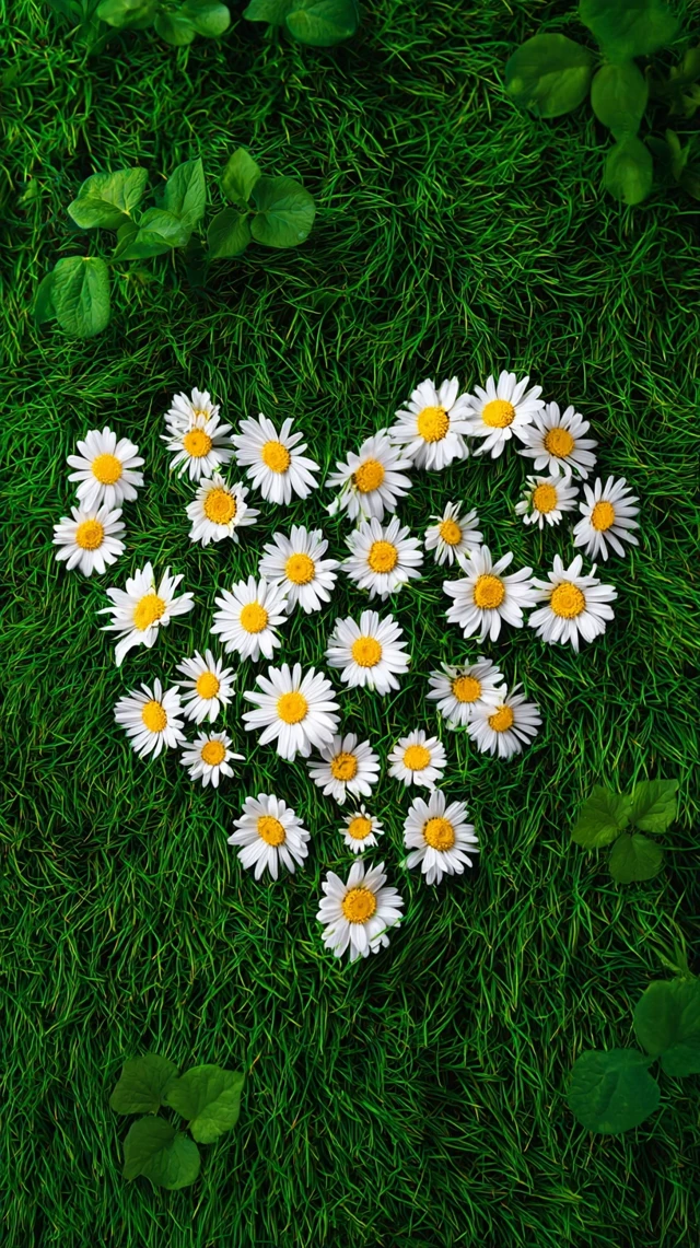 Daisies Heart Shape on Green Grass Nature Theme