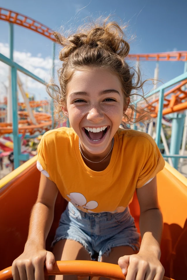 Girl on Roller Coaster Summer Amusement Park Fun