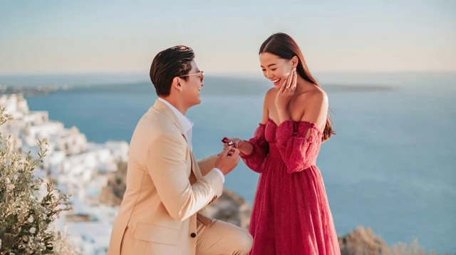 Romantic Proposal Asian Couple Engagement Ring Love