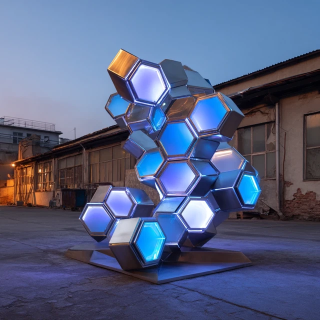 Abstract Stainless Steel Hive Sculpture with Lighting