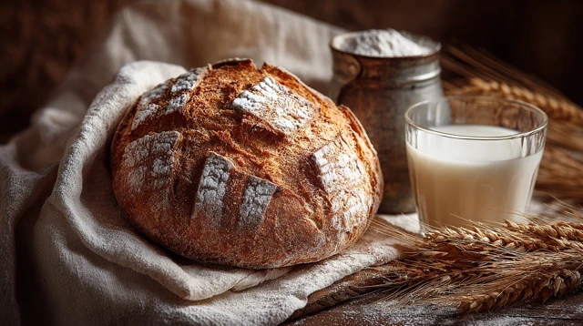 Freshly Baked Bread and Milk Rustic Still Life