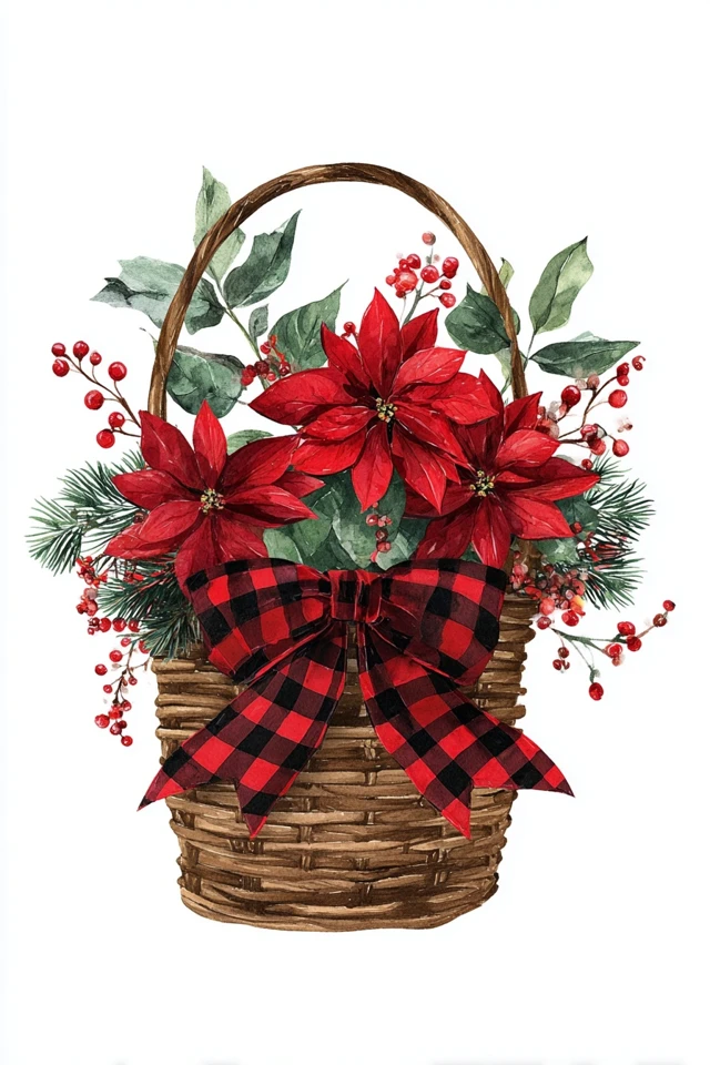 Christmas Poinsettia Basket Watercolor Art