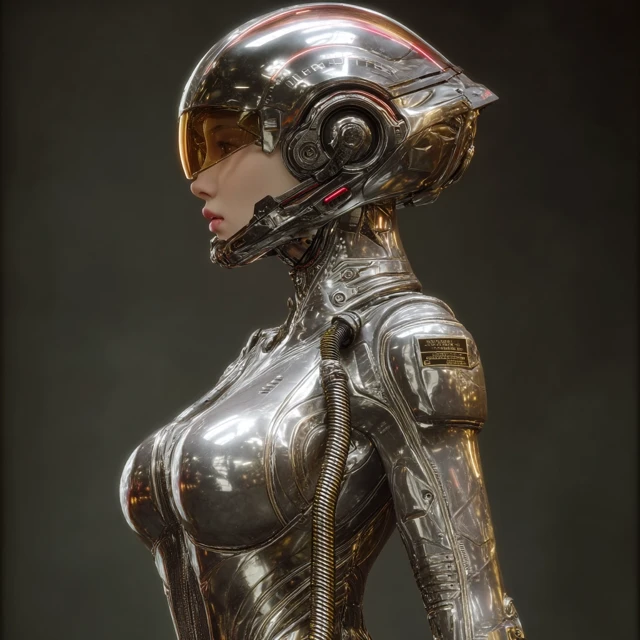 Futuristic Policewoman Metallic Catsuit Helmet