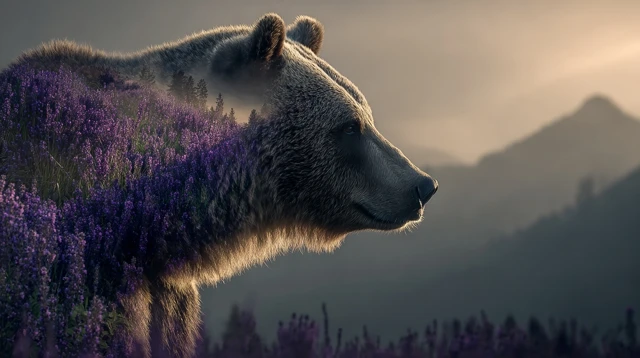 Grizzly Bear Double Exposure with Lavender Mountains
