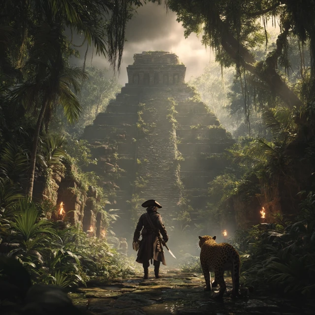Pirate and Aztec Pyramid Adventure Fantasy Art