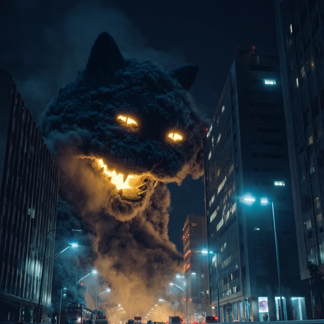 Giant Smoke Monster Cat Over City at Night